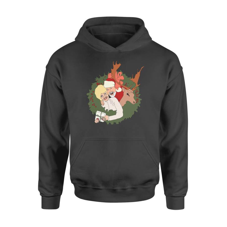 Christmas Gift Holly Leaf Christmas Ring Having Santa And Old Girl Reindeer Under The Ground – Standard Hoodie