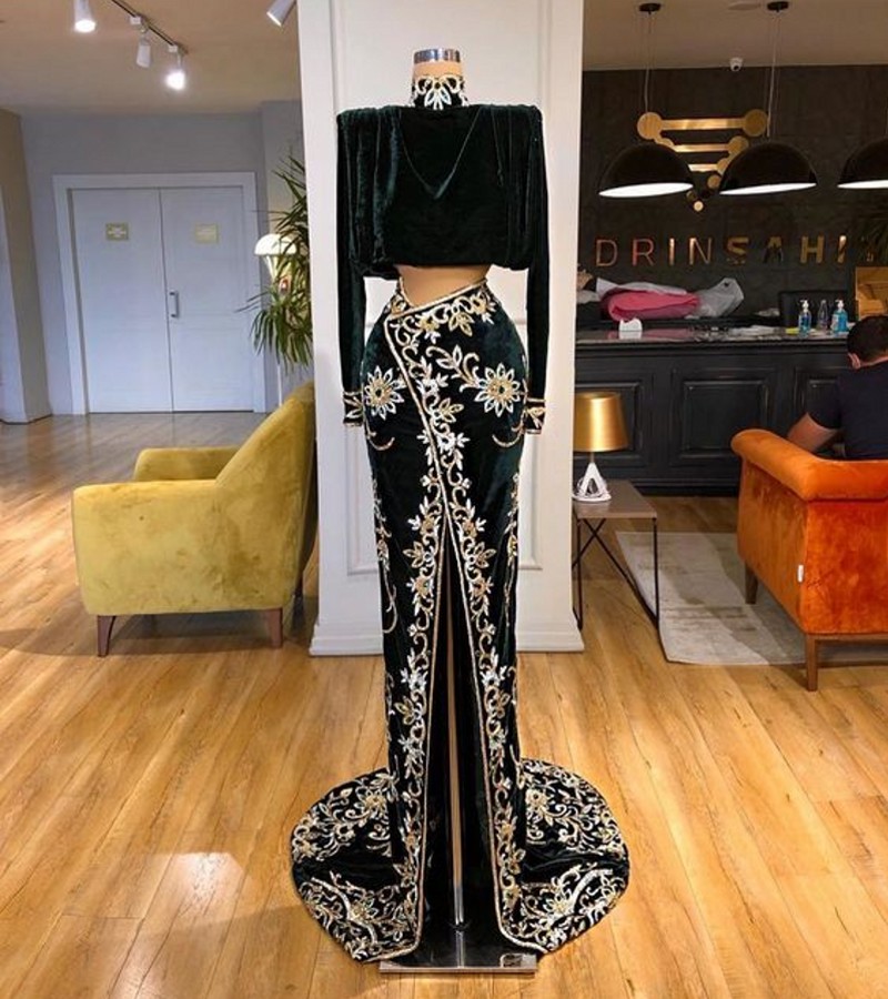 Two Pieces High Neck Evening Dresses Front Split Velvet Embroidery Lace Prom Formal Party Dresses Dubai Robe alx