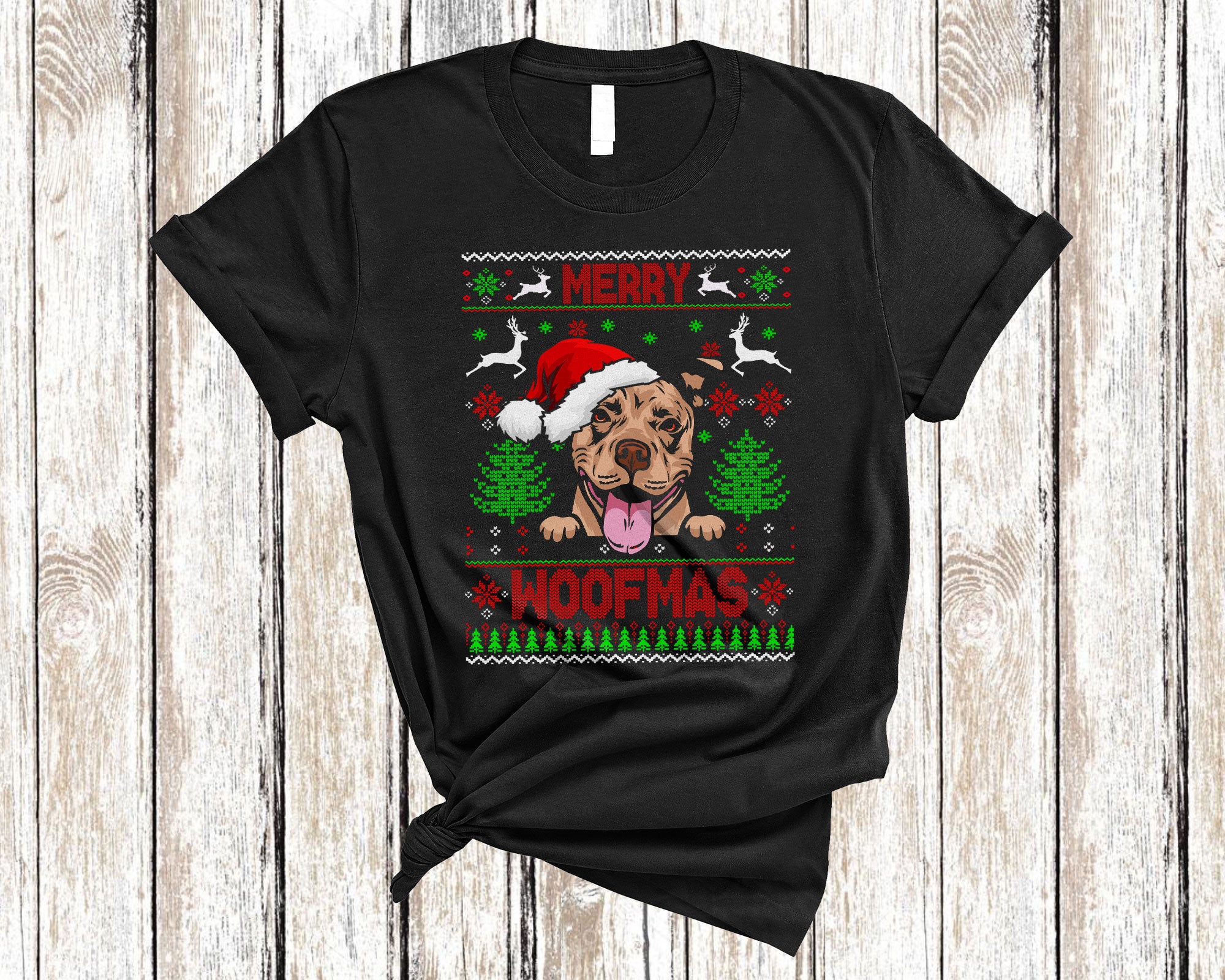 Christmas Dog Shirt Merry Woofmas Funny Ugly Christmas Santa Pitbull Dog Sweater Gifts T-Shirt