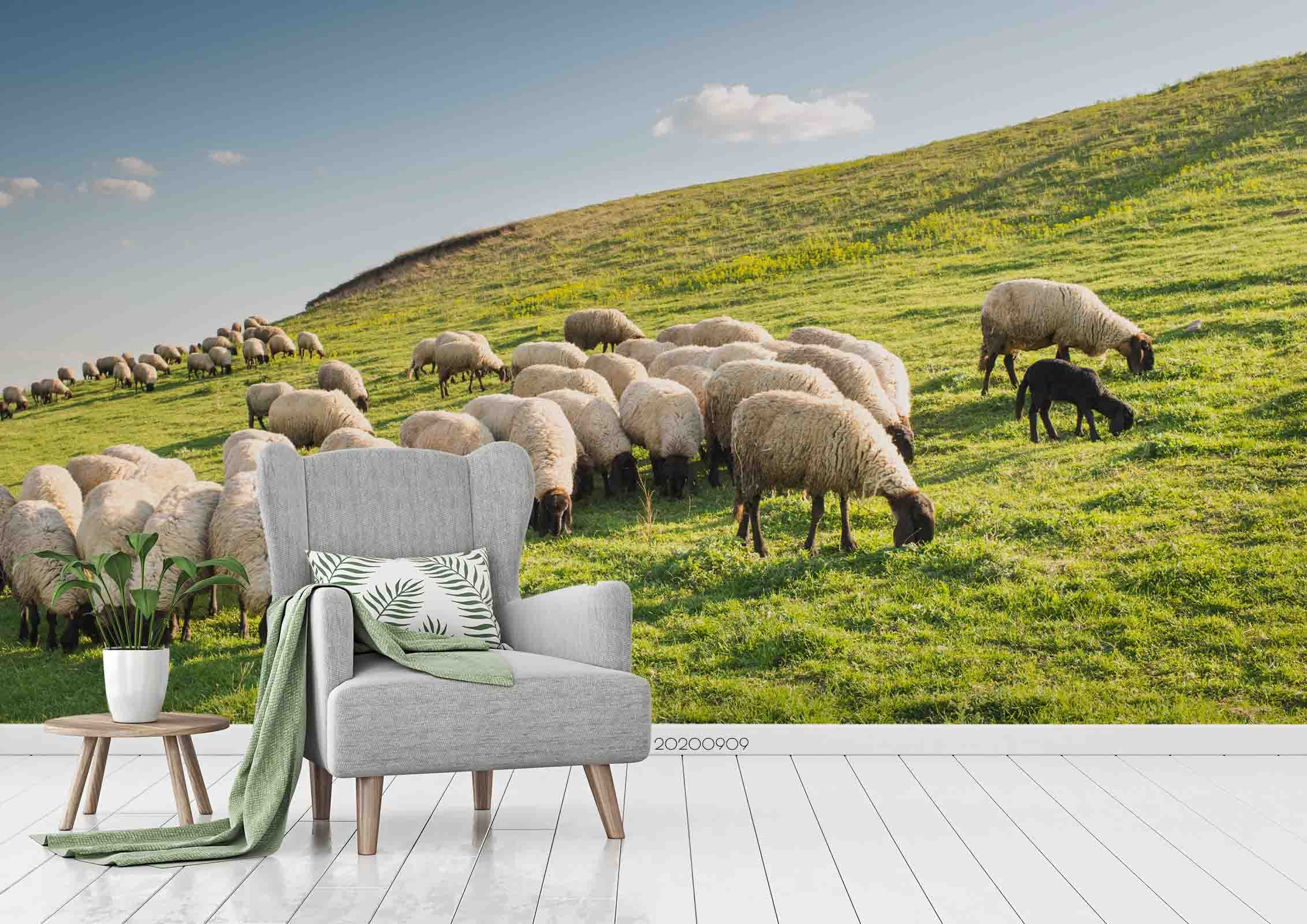 3D Blue Sky Green Grassland Sheep Animal Wall Mural Wallpaper Lxl 876