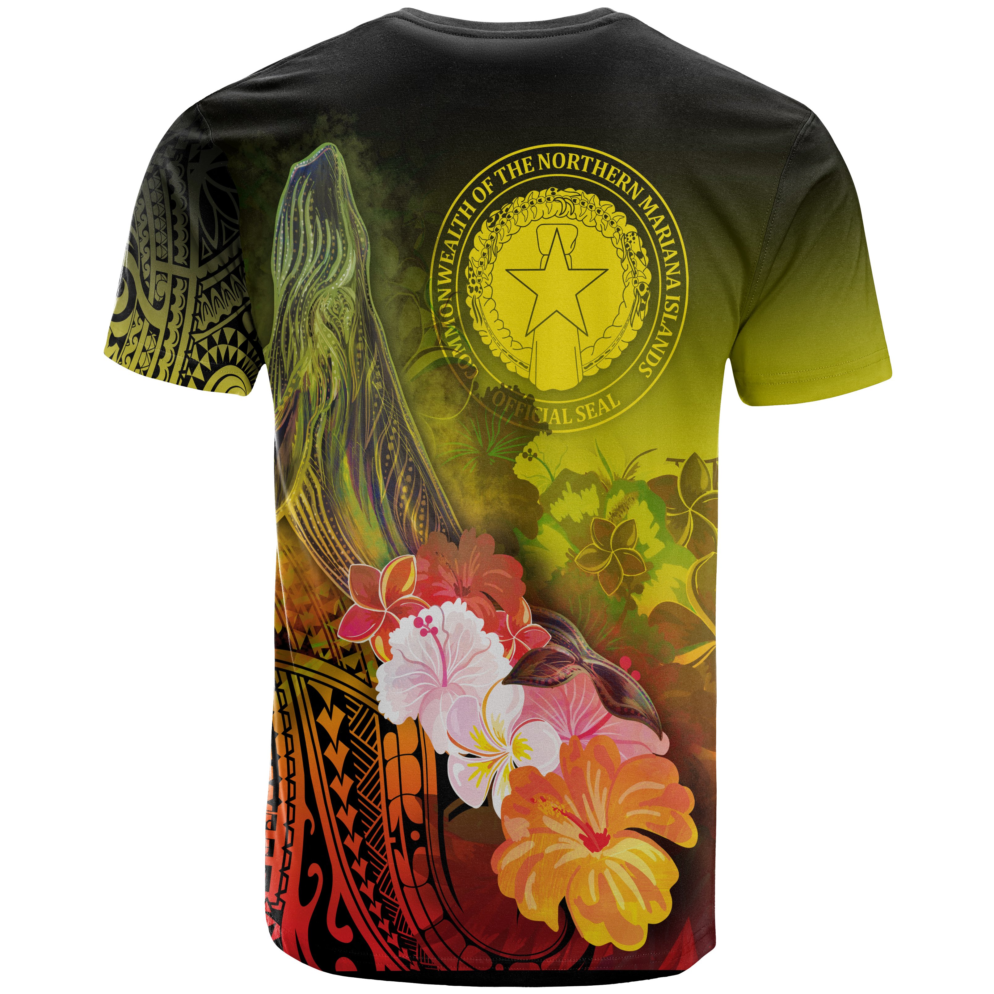 CNMI Custom Personalised T-Shirt – Humpback Whale with Tropical Flowers (Yellow) – BN18