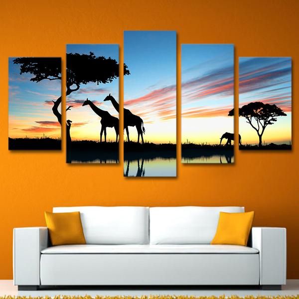 Africa Landscape Safari Giraffe At Sunset Animal 5 Panel Canvas Art Wall Decor