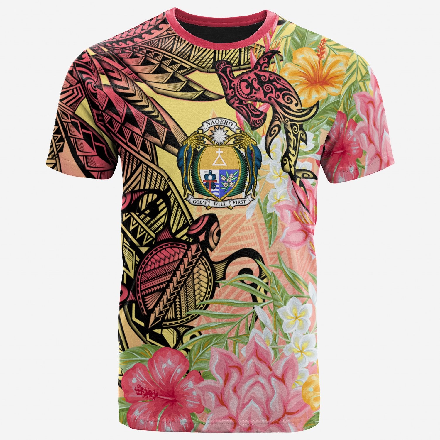 Nauru T-Shirt - Flowers Tropical With Sea Animals