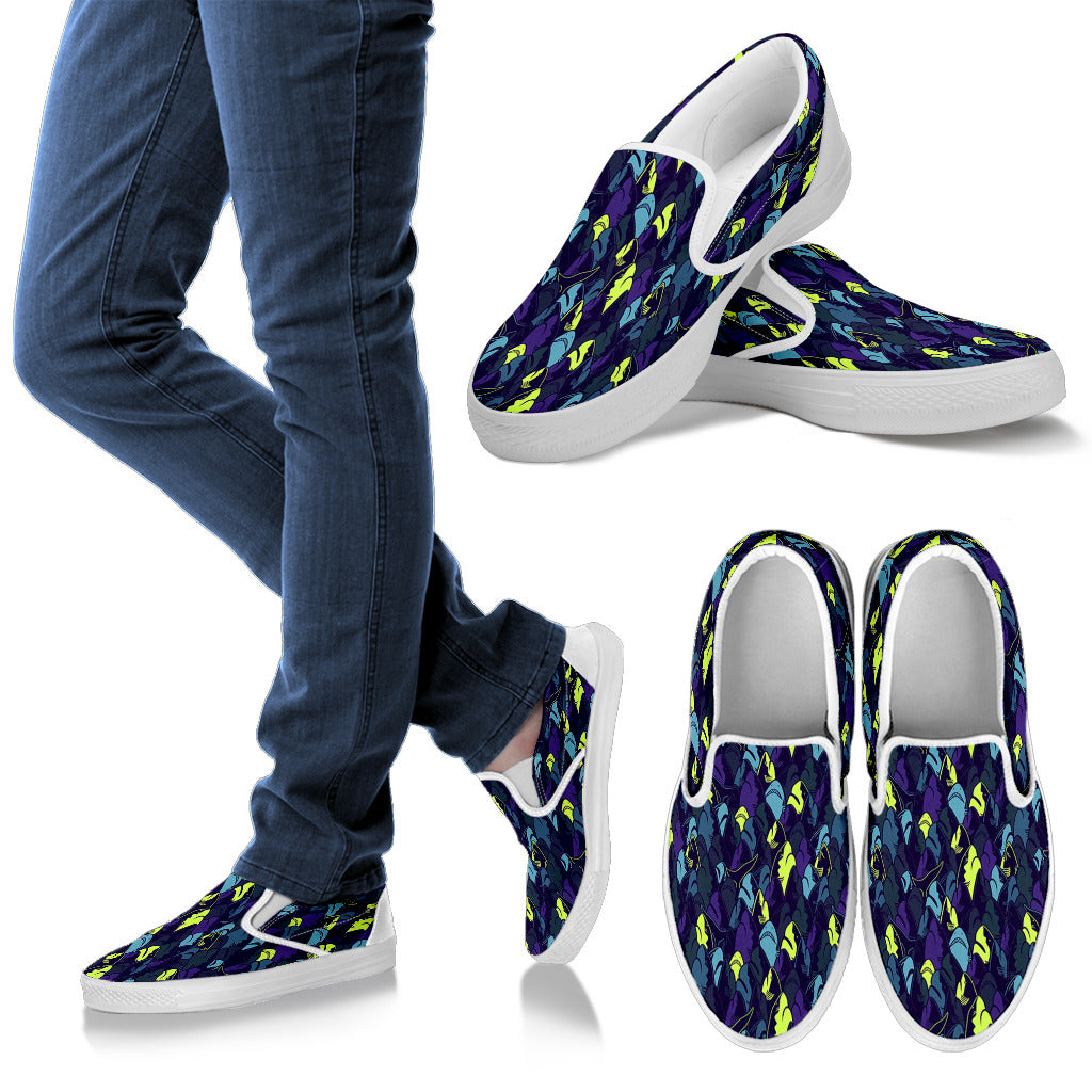 Shark Neon Color Print Men Slip Ons Shoes