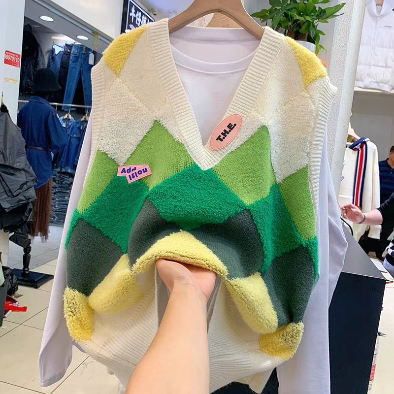 Sleeveless Women’s Sweater Aesthetic Plaid Knitted Korean Style Vests Sweaters for Women Winter 2022 Trend Vest Fashion Green alx