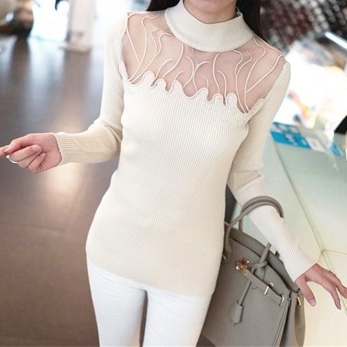 Woman Sweaters Fall Winter Fashion Sexy Lace Stitching Hollow Sweater Slim Elastic Pullover Sweater For Women alx