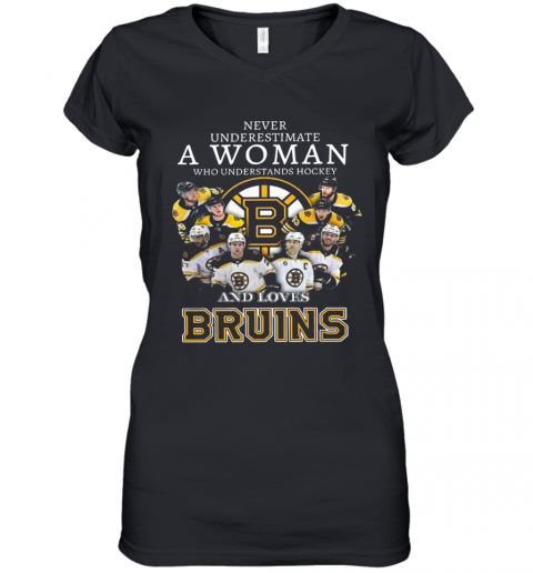 Never Underestimate A Woman Who Understands Hockey And Love Boston Bruins Women’S V-Neck T-Shirt