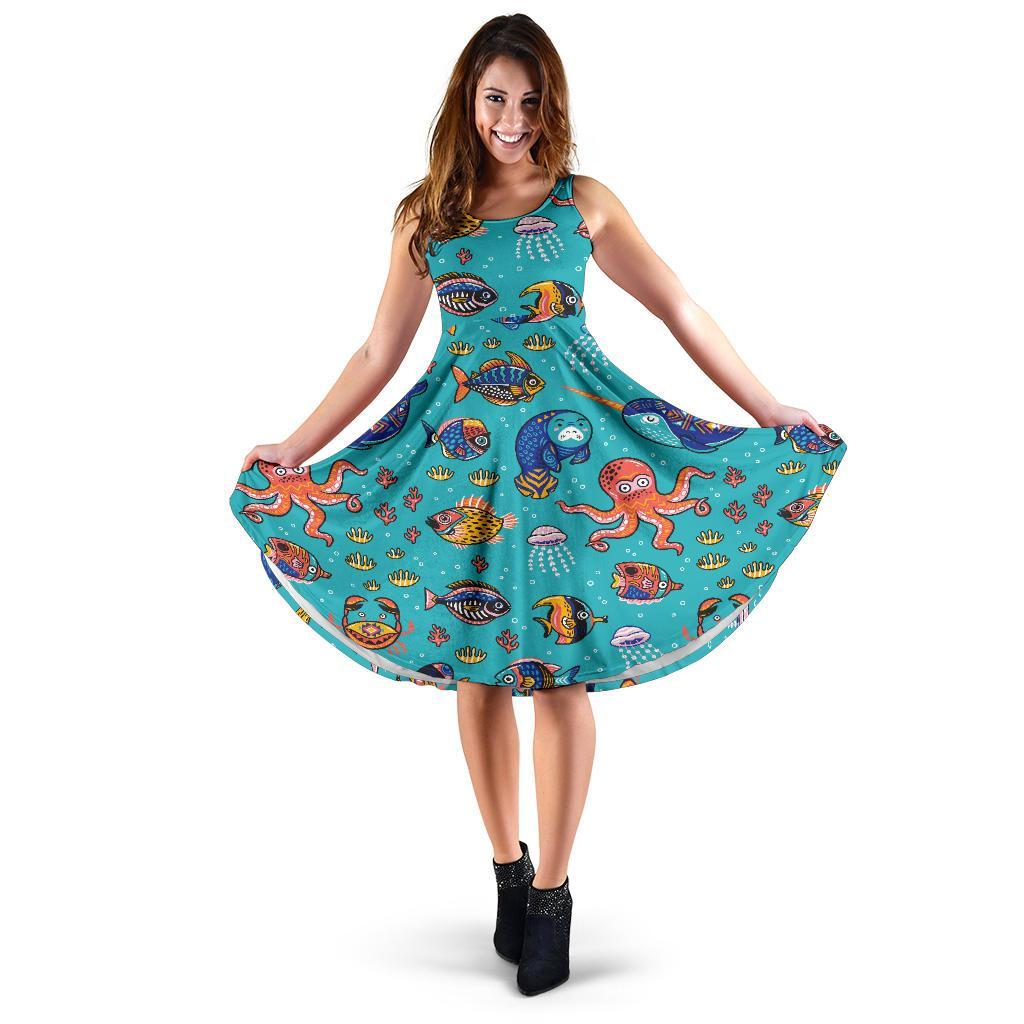 Manatee Whale Fish Octopus Pattern Print Dress