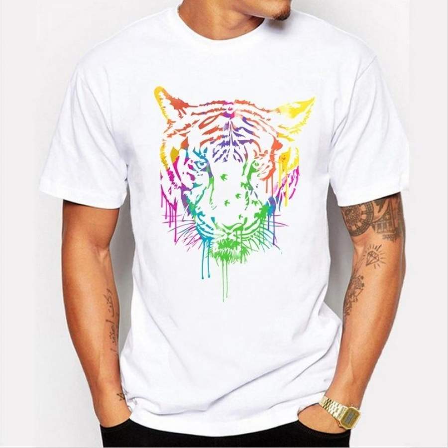 2017 Summer White Fashion T-Shirt Character Print Colorful Tiger Tees T-Shirt Men