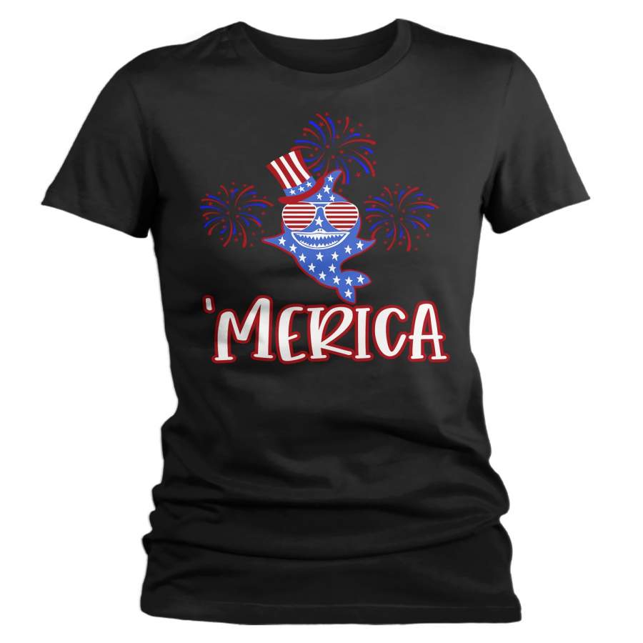 Women’s Funny Merica Shark T Shirt Patriotic Shark Shirts 4th July Shark TShirt Patriotic ‘Merica Shirt