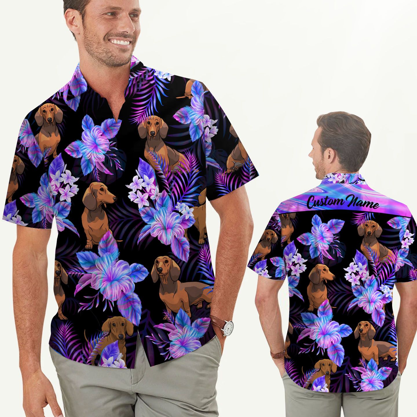 Dachshund Holographic Tropical Flowers Custom Name Men Hawaii Shirt Ha4840