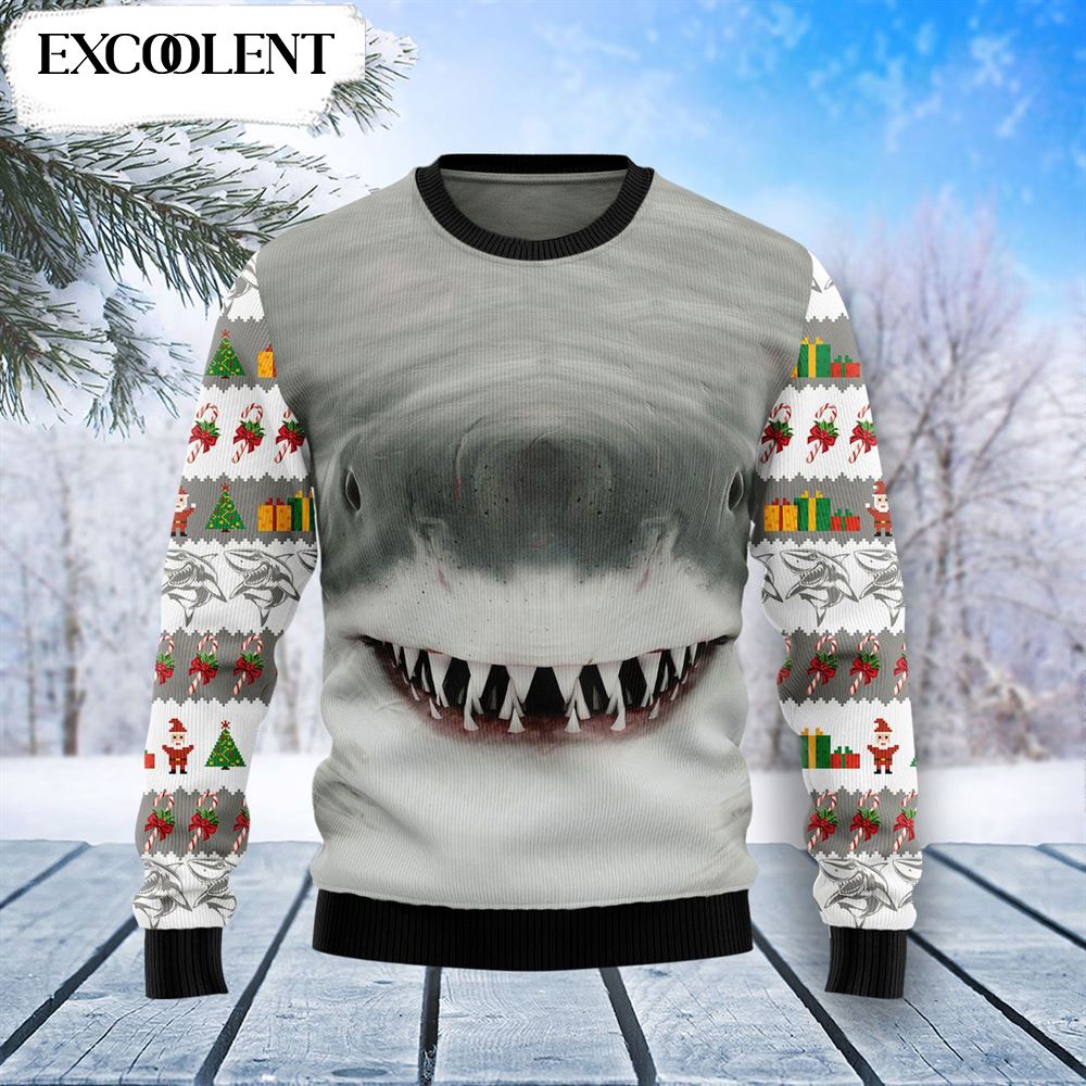 Shark Cute Face Ugly Christmas Sweater Adult – Unisex Sweater Christmas Outfit – Xmas Ugly Sweater