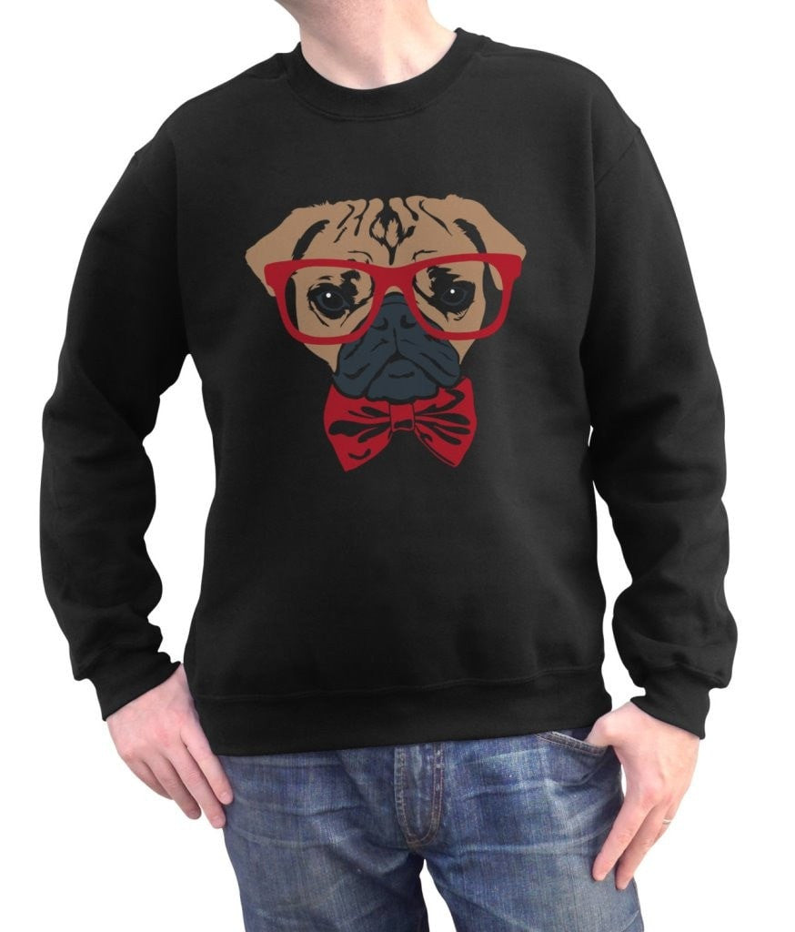 Unisex Bowtie And Glasses On A Pug Sweatshirt Hipster Pug Sweatshirt