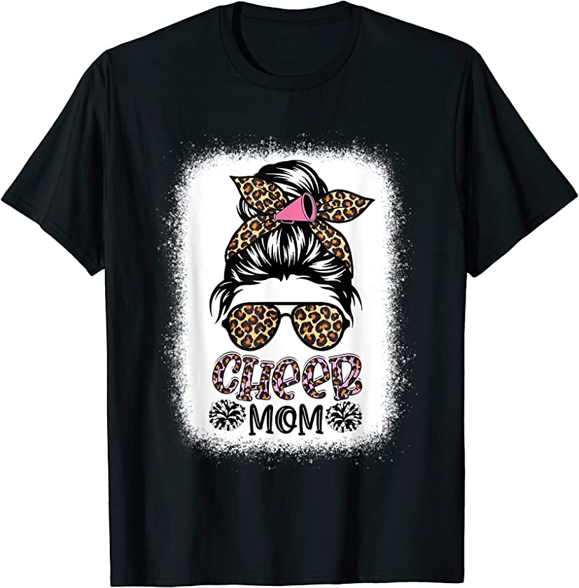 Cheer Mom Leopard Messy Bun Cheerleader Bleached Mothers Day T-Shirt