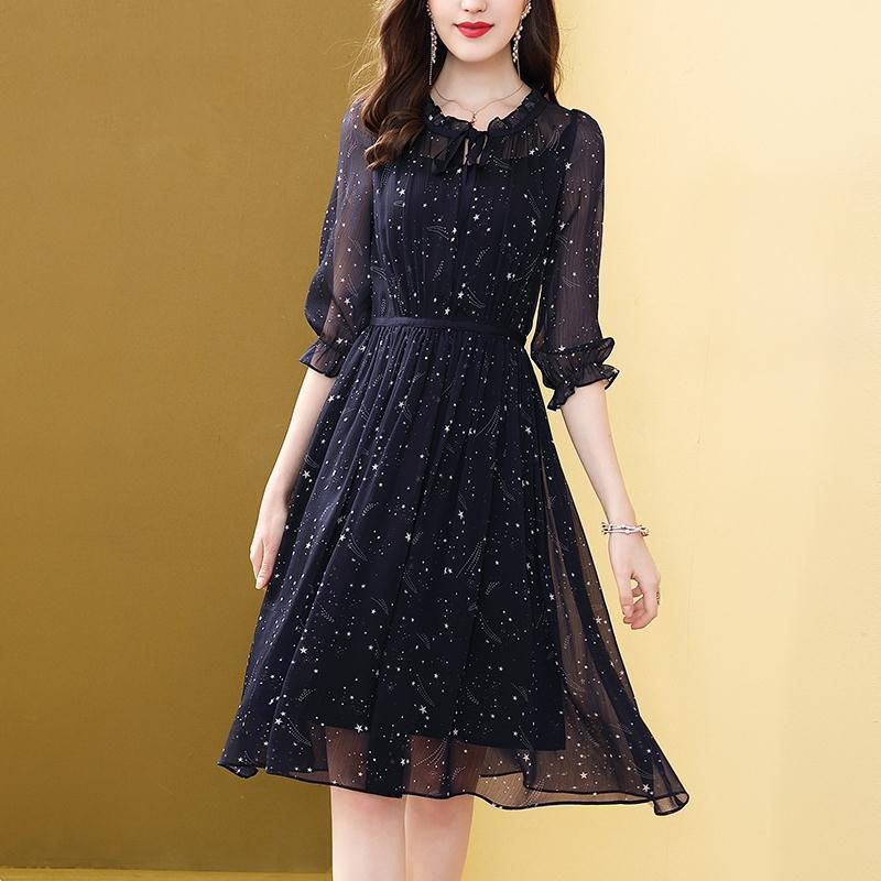 Sweet Bow Starry Sky Print Dress Summer 2022 Three Quarter Petal Sleeve Ruffled Neck Chiffon Pullover Midi Dress Womens Clothing alx