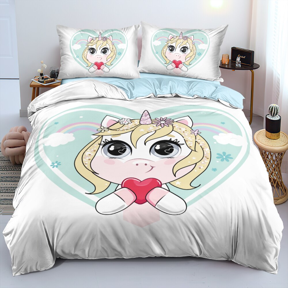 3D Blue Cute Cartoon Unicorn Bedding Set Soft Cover Set Twin Double King Size Luxury Bedding Set For Modern  Duvet Covers