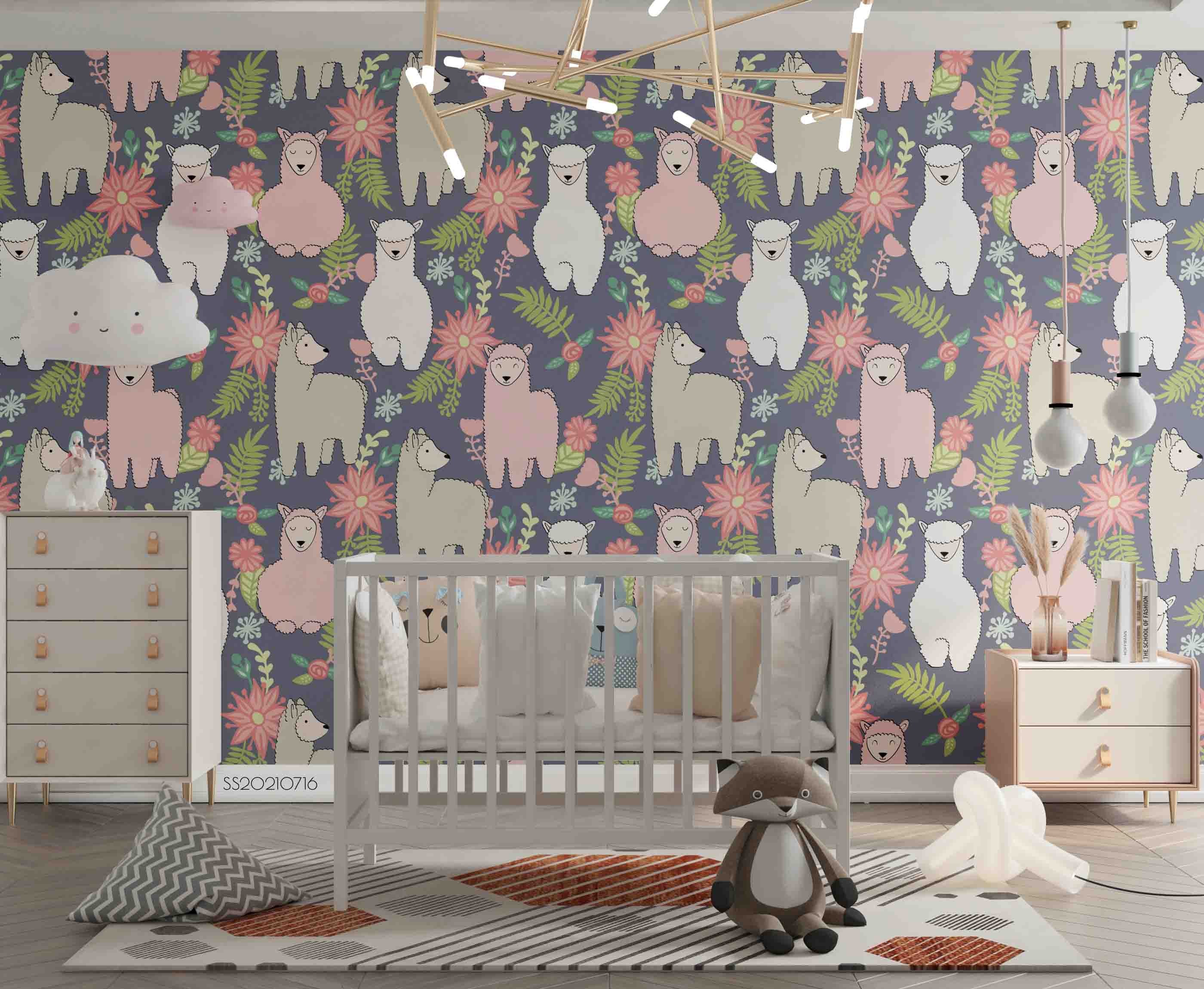 3D Cartoon Animal Alpaca Floral Leaf Wall Mural Wallpaper Lqh 23