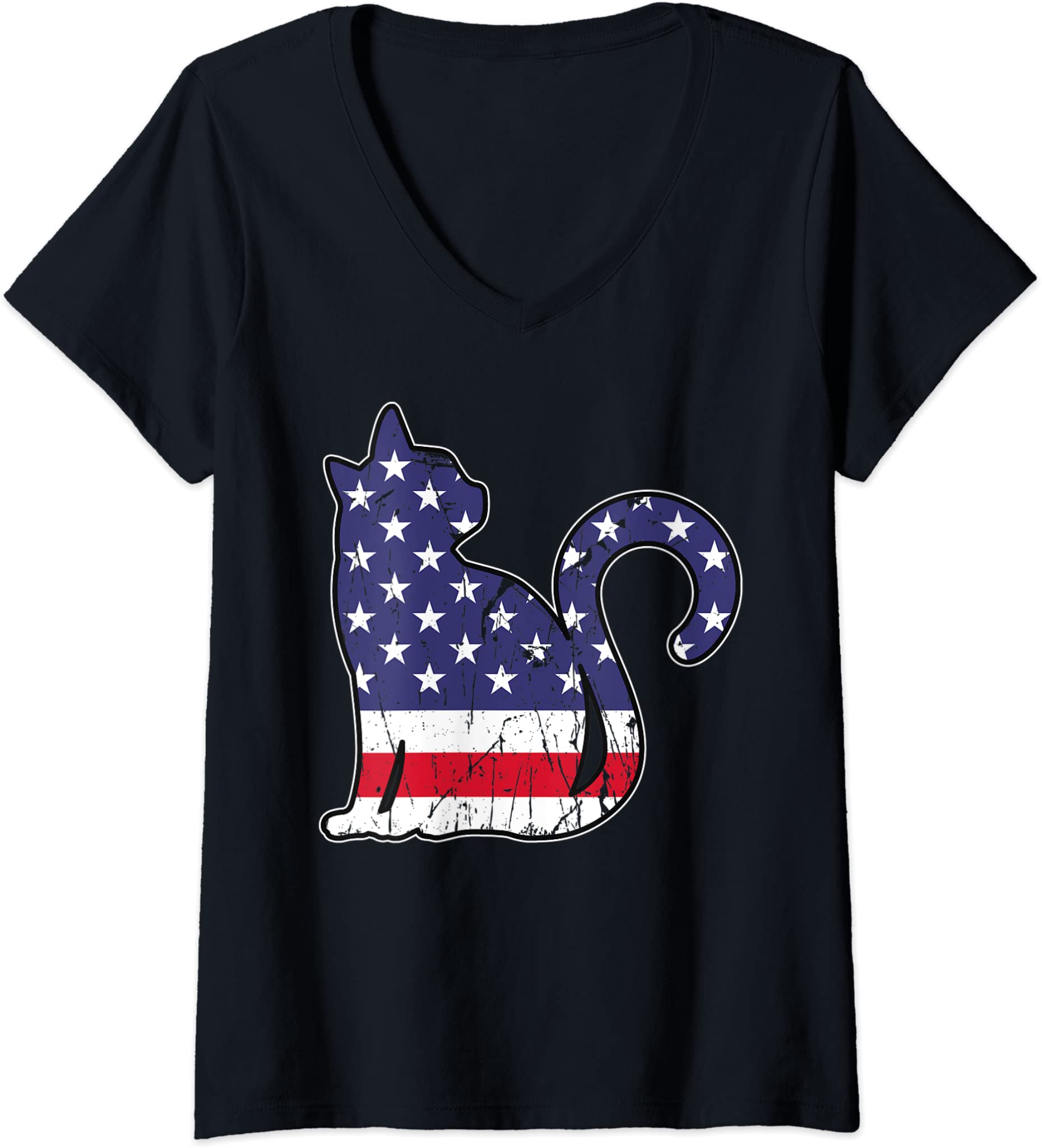 Womens Vintage Cat 4th Of July American Flag Patriotic Cat Mom Gift V-Neck