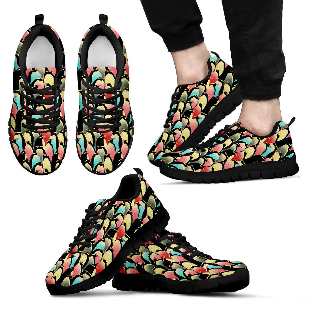 Colorful Penguin Pattern Print Black Sneaker Shoes For Men Women