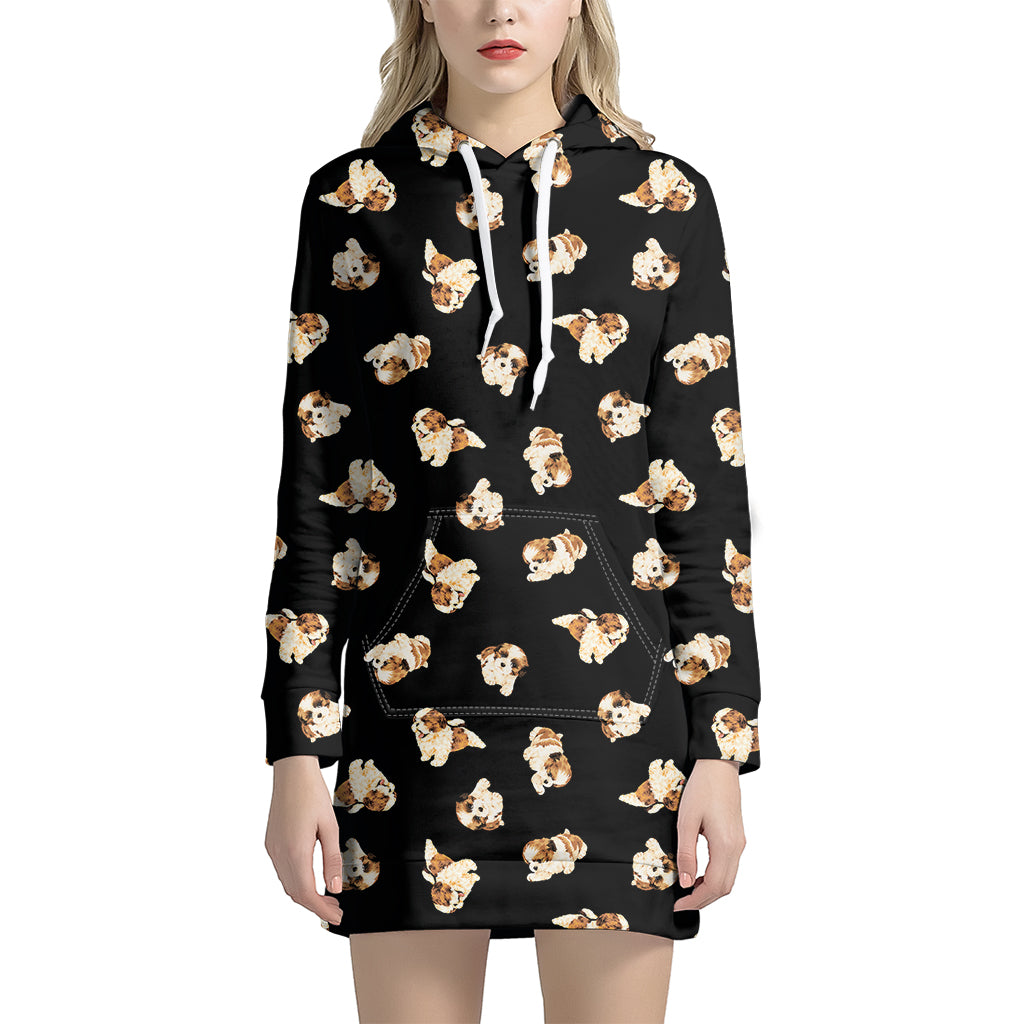 Shih Tzu Puppy Pattern Print Women’S Pullover Hoodie Dress