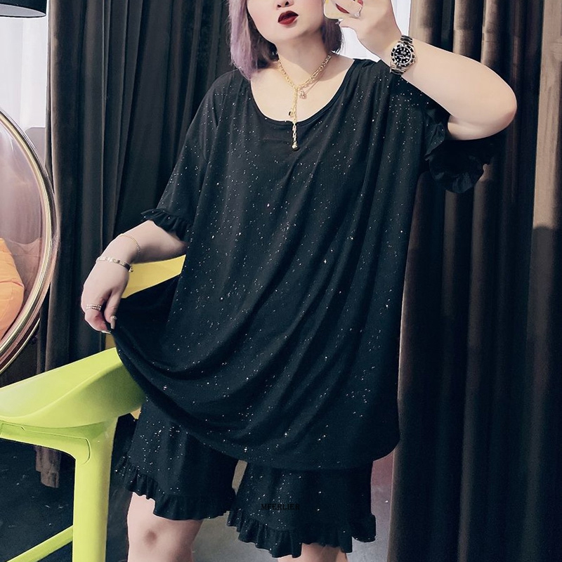 Big Size 6XL 150KG Women Summer Sleepwear Sequins O Neck Short Sleeve Pajamas Sets Large Women Top and Short Big Size Home Wear alx