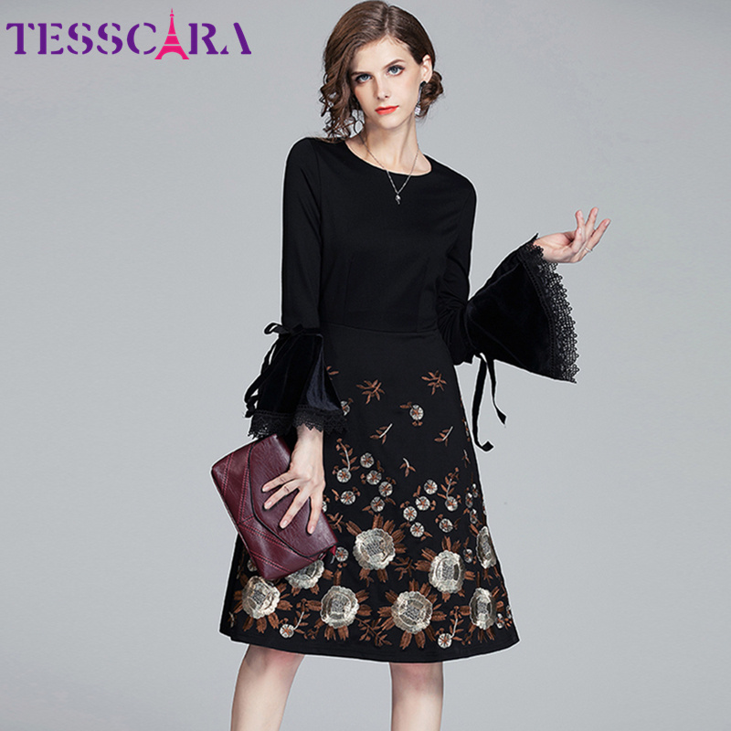 TESSCARA Women Autumn & Winter Elegant Embroidery Dress Female Cocktail Party Robe High Quality Floral Designer Vintage Vestidos alx