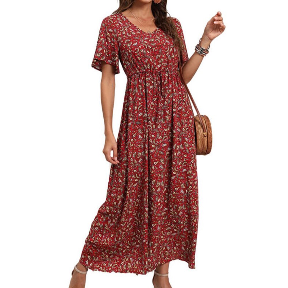 Vintage Floral Print Women Maxi Dress V Neck Short Sleeve Summer Dresses Casual High Waist Lace Up Ruffles Beach Boho Sundress alx