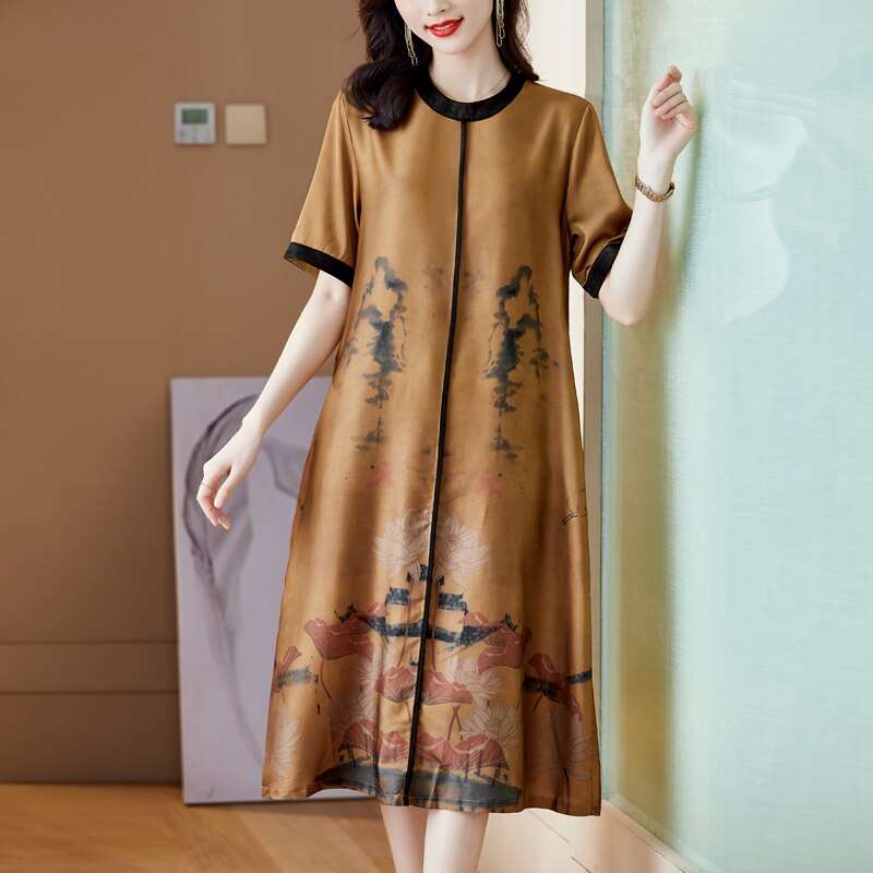 Summer Yellow Floral Silk Satin Short Sleeve Midi Dress 2022 Korean Elegant Bodycon Party Vestidos Women Fashion Casaul Dress alx