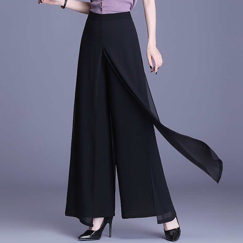 Womens Summer Chiffon Long Trousers Woman Streetwear Loose Solid Color Skirt Pants Women High Elastic Waist Wide Leg Pants Red alx