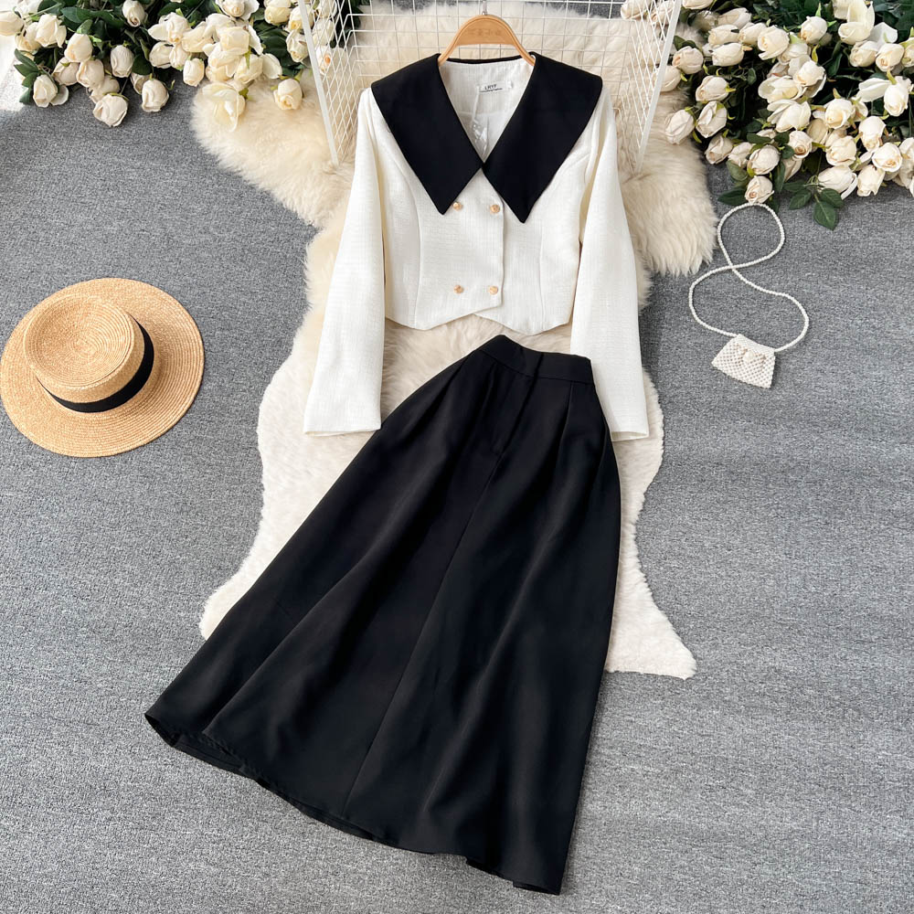 Autumn New Doll Collar Double-breasted Irregular Cardigan Jacket + Medium-length Paragraph Half-body Skirt Two-piece Suit alx