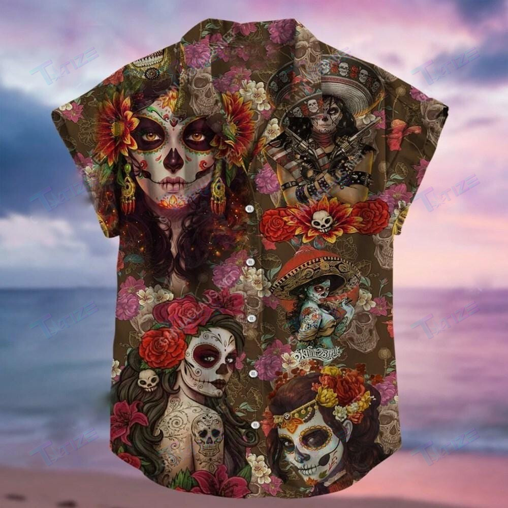 Calavera Sugar Skull Lady Unisexs All Over Printed Hawaii Shirt Size S Ha1185