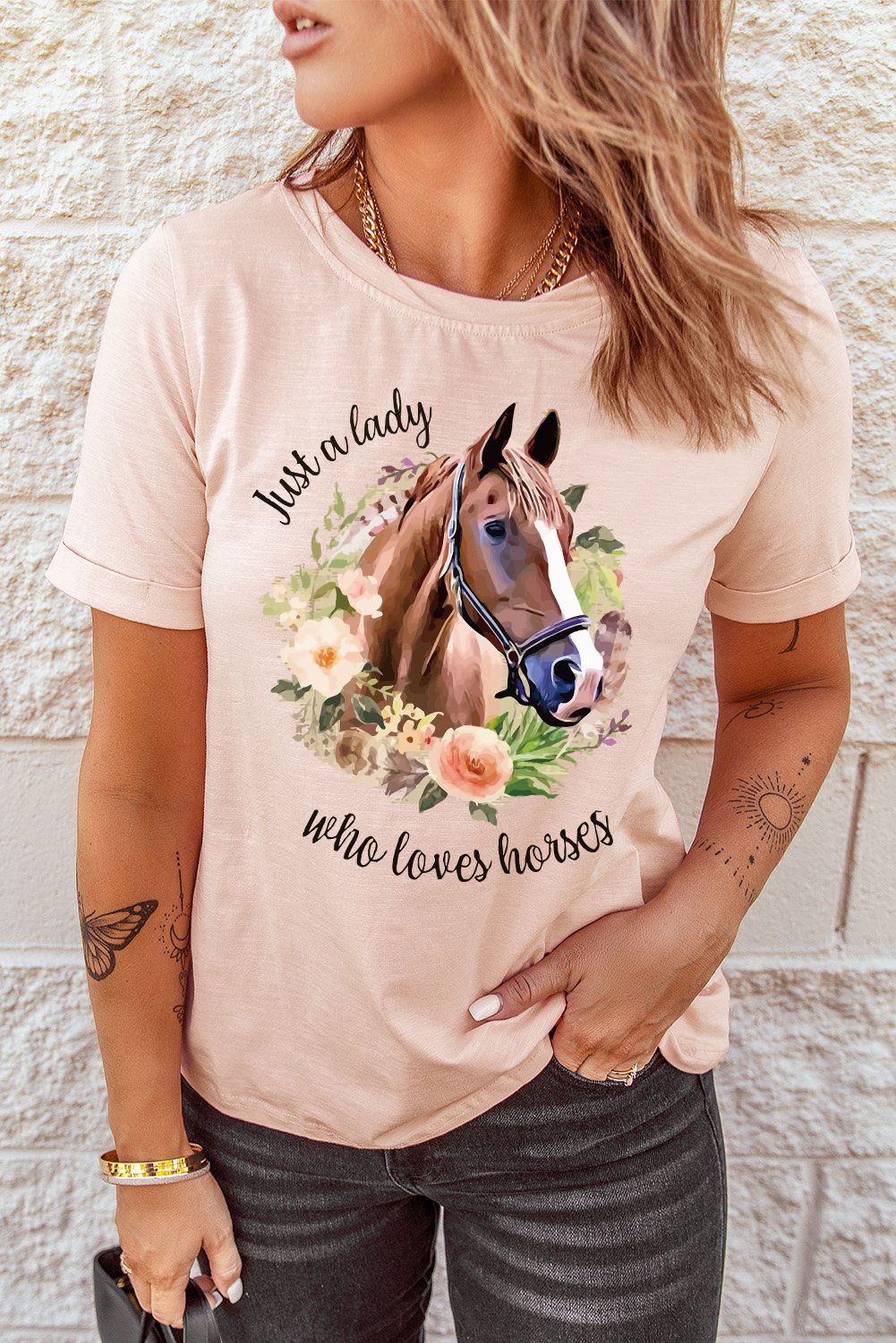 Western Horse Pink Animal Regular Sleeve Casual T-Shirt