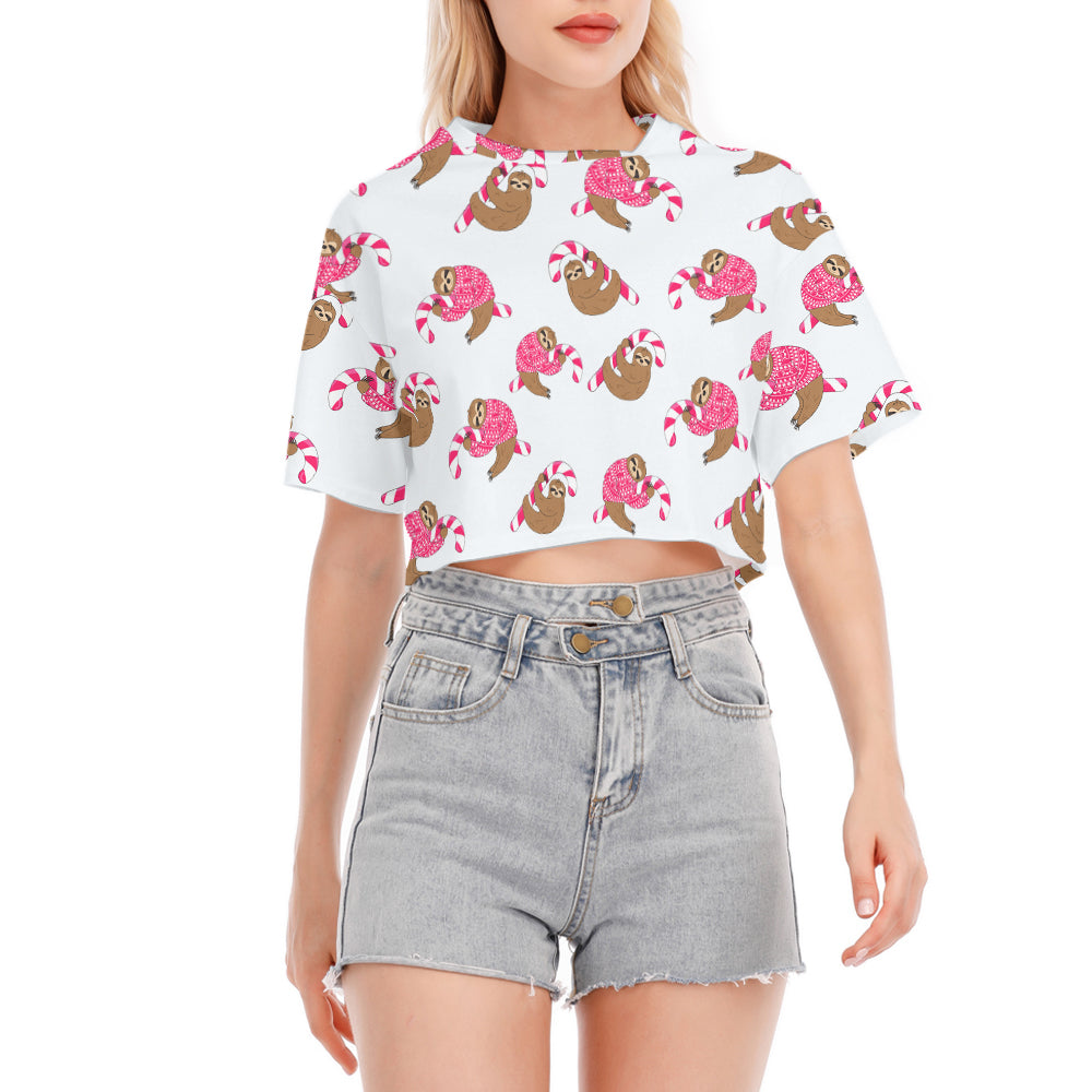 Sloth And Candy Cane Cropped T-Shirt