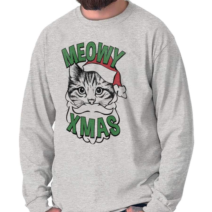 Meowy Christmas Cat Kitten Trendy Cool Fashion Funny Christmas Long Sleeve Tee