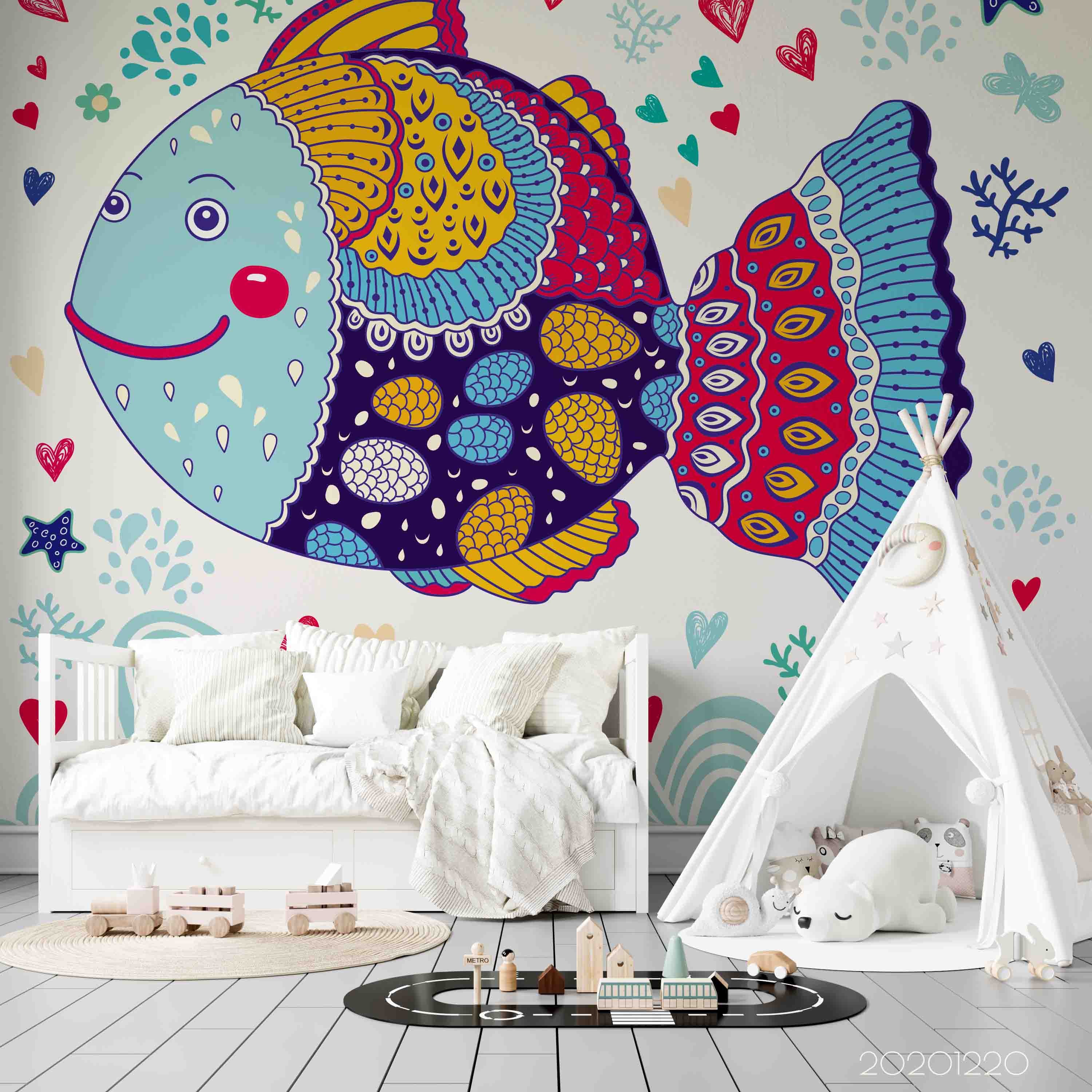 3D Hand Drawn Animal Colored Fish Wall Mural Wallpaper Lqh 148