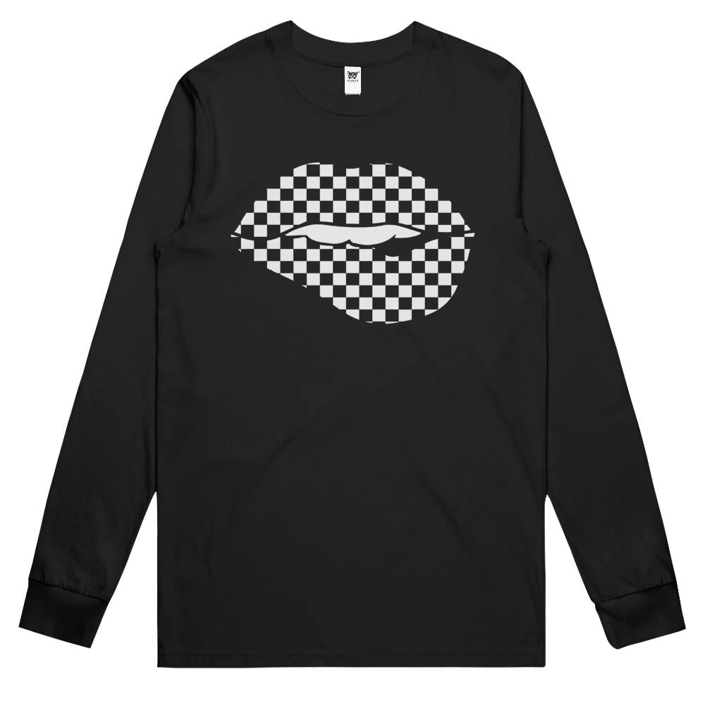 Funny Checkered Black White Lip Gift Cute Checkerboard Long Sleeve T Shirts