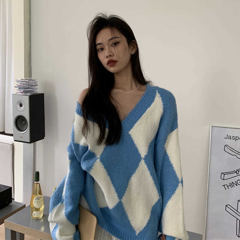 Women’s Sweater Preppy Style Argyle V-Neck Sweaters for Women Autumn Winter Loose Women’s Jumper 2021 Harajuku Sueters De Mujer alx