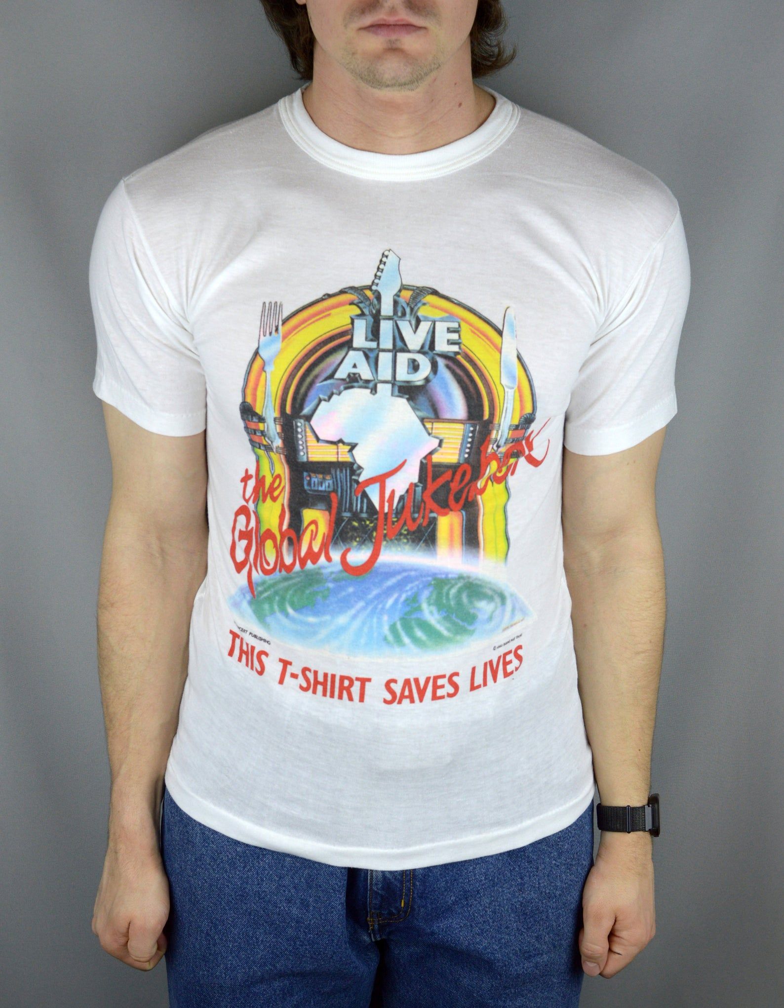 Vintage Live Aid The Jukebox 1985 T Shirt Love Art USA Vintage Live Aid The Jukebox 1985 T Shirt Love Art USA