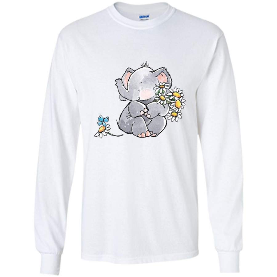 Watercolor Cute Baby Elephant With Butterfly and Flowers – Gildan Long Sleeve Shirt