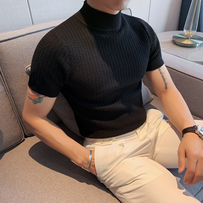 Autumn New Short Sleeve Knitted Sweater Men Tops Clothing 2022 All Match Slim Fit Stretch Turtleneck Casual Pull Homme Pullovers alx