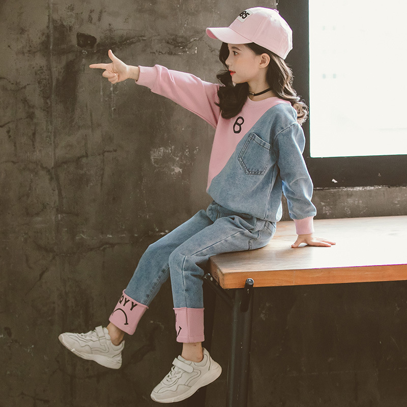 Spring Autumn Patchwork Kids Tracksuit Contrast Girls Sweatshirt+Denim Pant Sets Children 2 Pieces Outfits Hoodie Set 3-16 Years alx