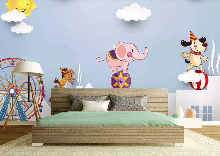 3D Hand Drawn Sky Animal Circus Wall Mural Wallpaper Lqh 197