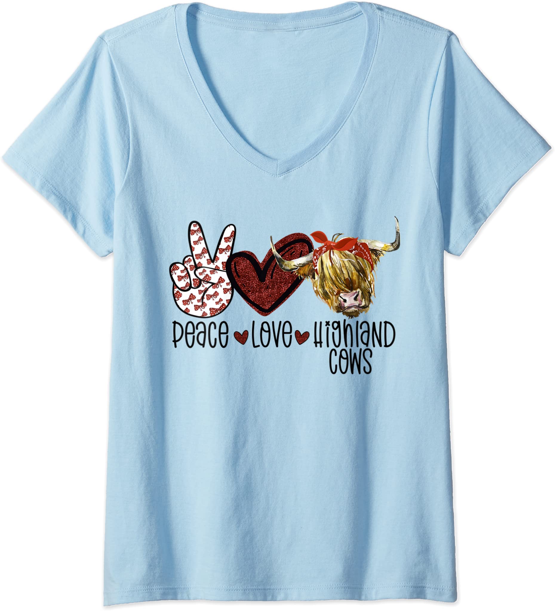 Womens Peace Love Highland Cows Cattle Scottish Cow Bandana V-Neck T-Shirt