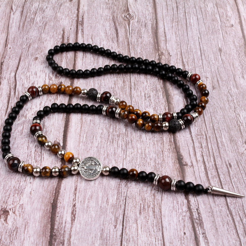 6mm Black Bead Tiger’s eye Natural stone Long Necklace For Men alx