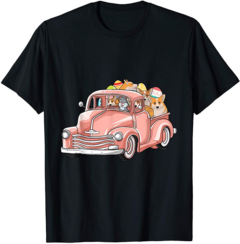 Bunny Riding Truck Easter Day Corgi Dogs Eggs Hunt Mens Girl T-Shirt