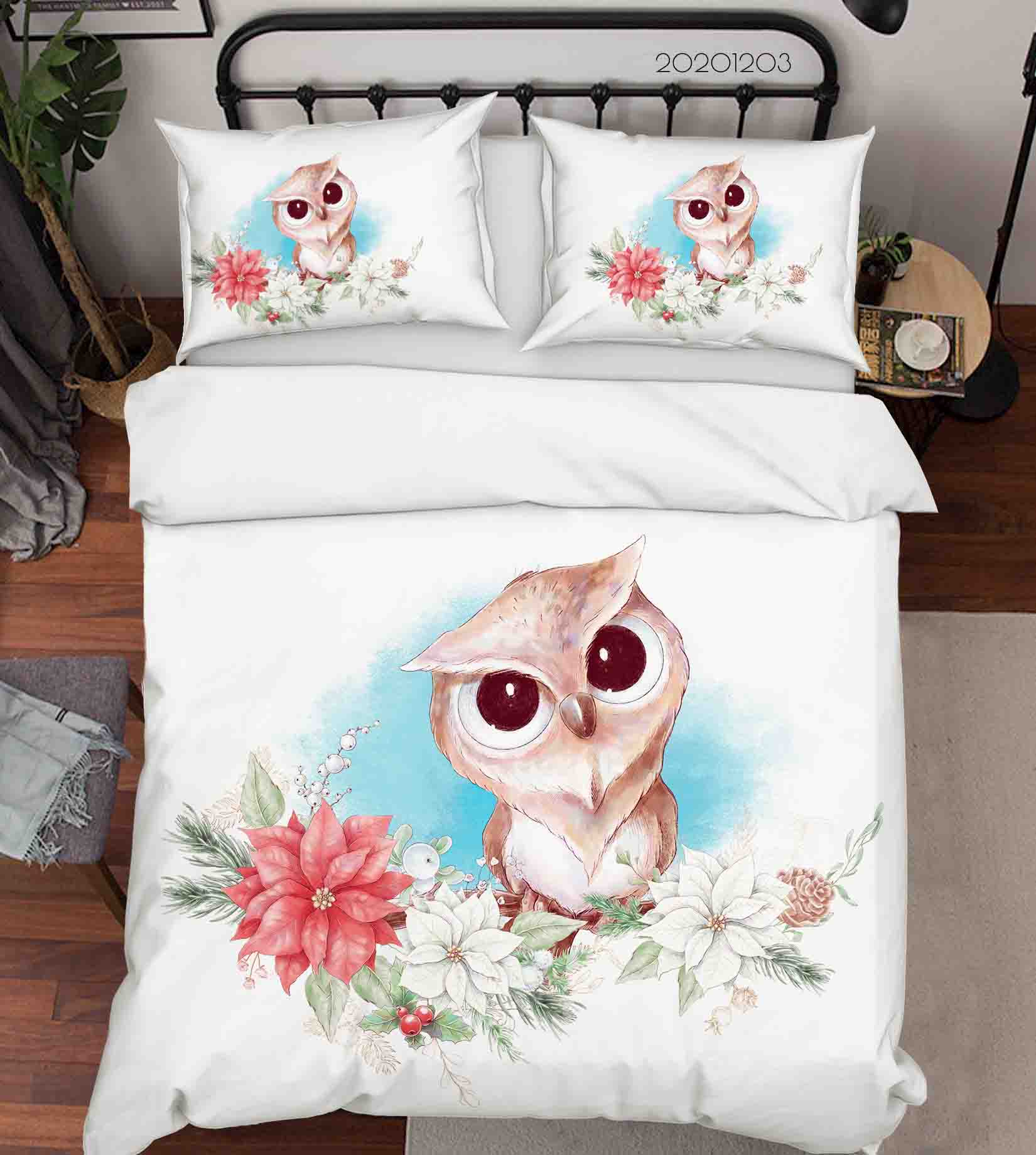 3D Cartoon Hand Drawn Owl Animal Floral Plant Quilt Cover Set Bedding Set Duvet Cover Pillowcases Lxl