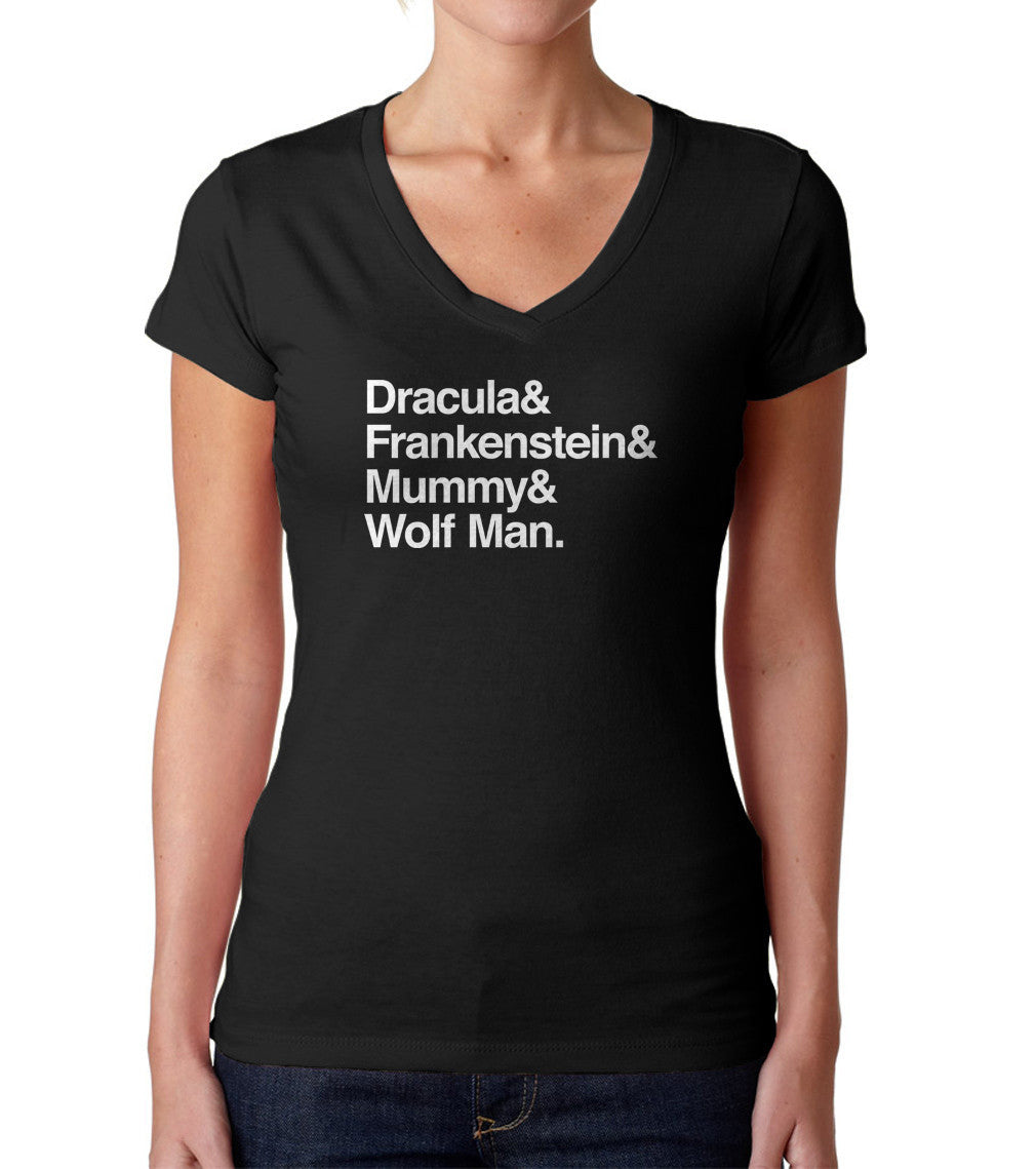 Women’S Dracula And Frankenstein And Mummy And Wolf Man Vneck T-Shirt