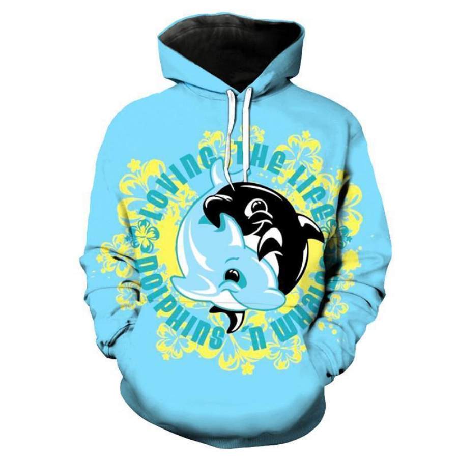 Cute Rotary Dolphin Print Fish Style Fashion Men’s Hooded Sweatshirt