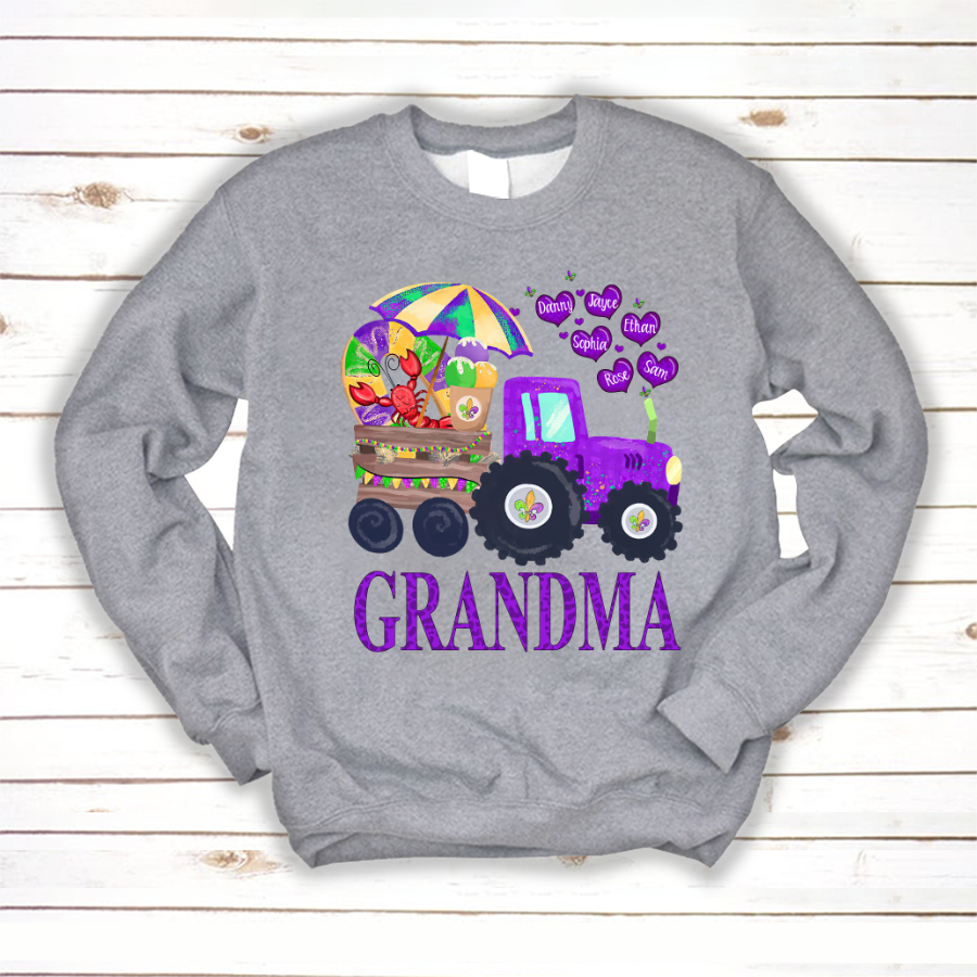 Personalized Grandma And Grandkids Hearts Tractor Gift Mardi Gras Sweatshirt