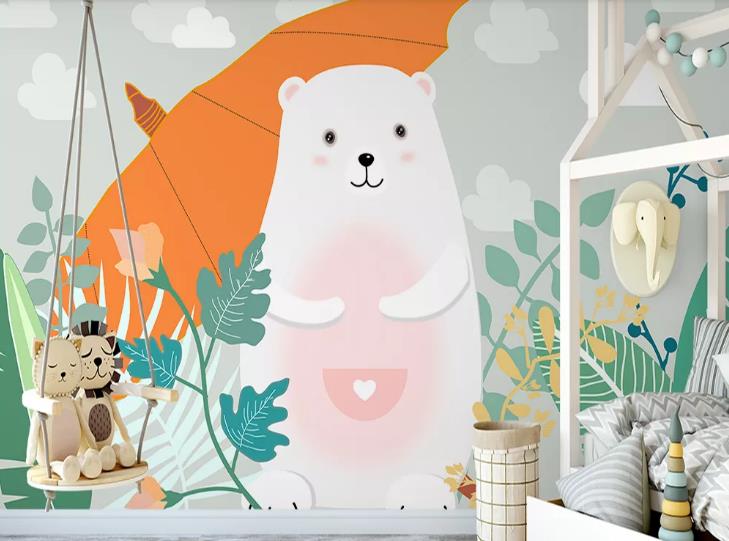 3D Hand Drawn Animal Bear Umbrella Wall Mural Wallpaper Lqh 608